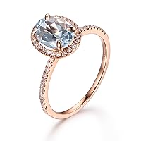 14K Rose Gold 6x8mm Oval Cut Natural Blue Aquamarine Engagement Ring Diamond Wedding Band,Christmas