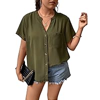 Plus Notch Neck Patched Pocket Blouse (Color : Army Green, Size : X-Large)