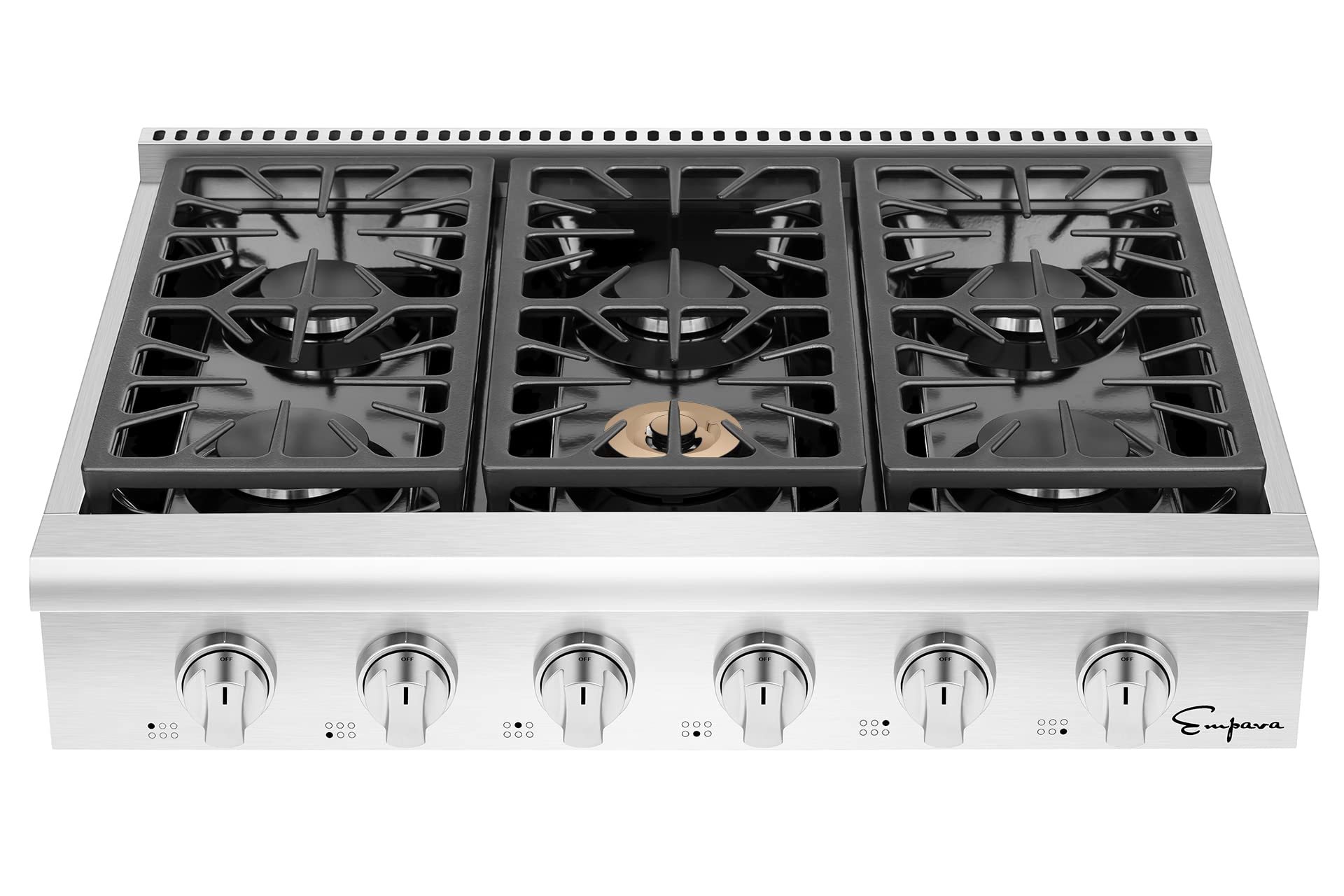 Empava 36 in. Pro-Style Professional Slide-in Natural Gas Rangetop with 6 Deep Recessed Sealed Ultra High-Low Burners-Heavy Duty Continuous Grates in Stainless Steel, 36 Inch, Silver