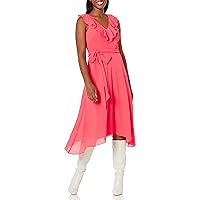 Jessica Howard Women's Balloon Cuff Sleeve Ruffle V Neck Fit and Flare Dress with Tie Sash