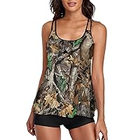 Camouflage Hunting Women Two Piece Tankini Swimwear Swimsuits Bathing Suits Set with Strappy Top and Shorts