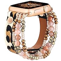 fastgo Bracelet Band Beaded Compatible with Apple Watch 38mm 40mm 41mm Women, Elastic Leather Leopard Strap for Iwatch SE& Series 9 Ultra 8 7 6 5 4 3 2 1(Cheetah/Gold,38/40/41mm)