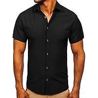 Mens Dress Shirts Short Sleeve Button Down Oxford Shirt Stylish Solid Tops Loose Fit Comfort Elastic Collared Shirt Black