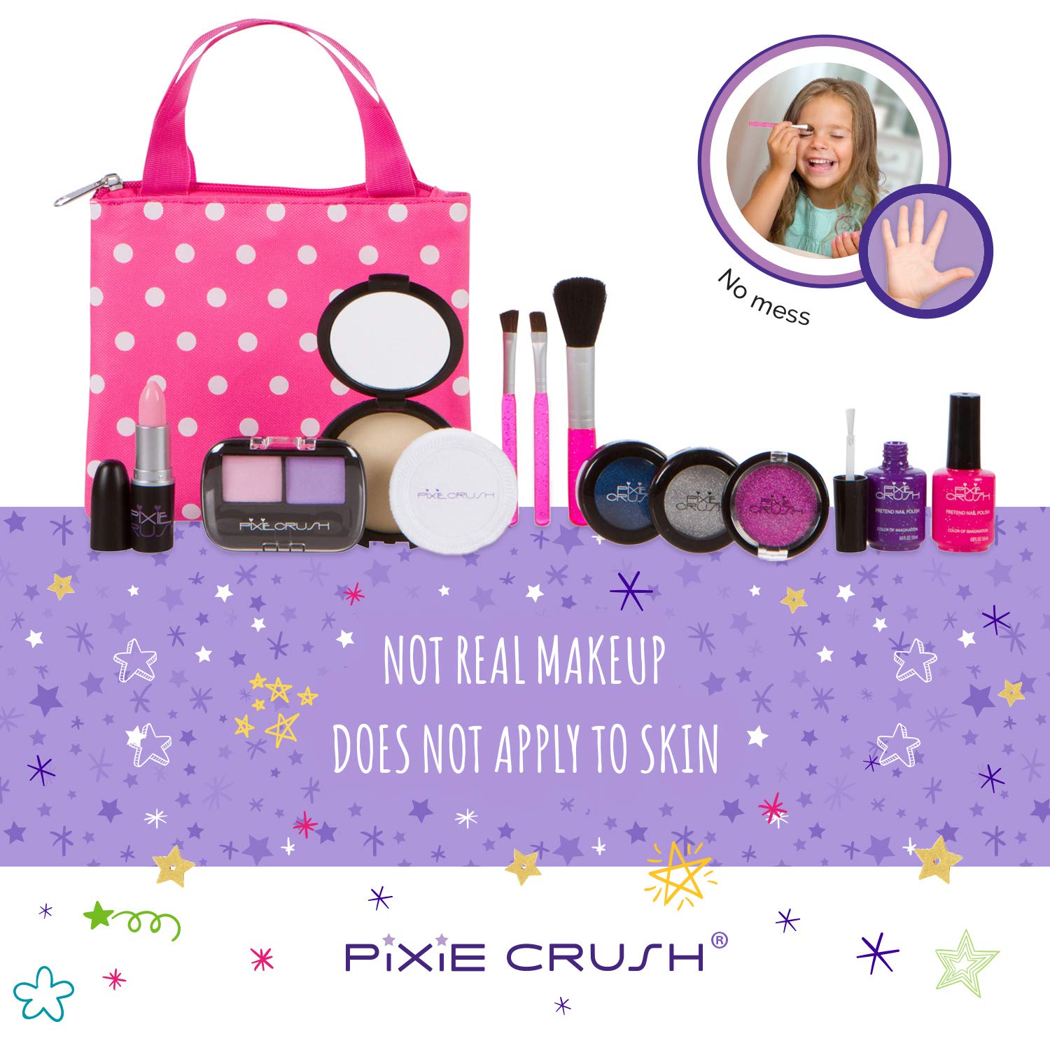 PixieCrush Pretend Play Makeup Set for Toddlers. Designer Girls Beauty Basics 12 Piece Polka Dot Handbag Set Ages 3, 4, 5, 6, 7, 8, 9, 10 | Comes in an Attractive Pink Polkadot Purse