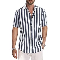 JMIERR Men's Casual Stylish Short Sleeve Button-Up Striped Dress Shirts Cotton Beach Shirts