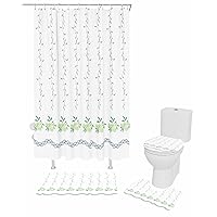 Flower Leaves Bathroom Set with Shower Curtain and Rug and Accessories,72x72 Inches Long Bathtub Curtain with Large Bath Mat,Bathtub Runner Rug Set,12 Hooks Green Weeping Blossom Vine Botanical Herb