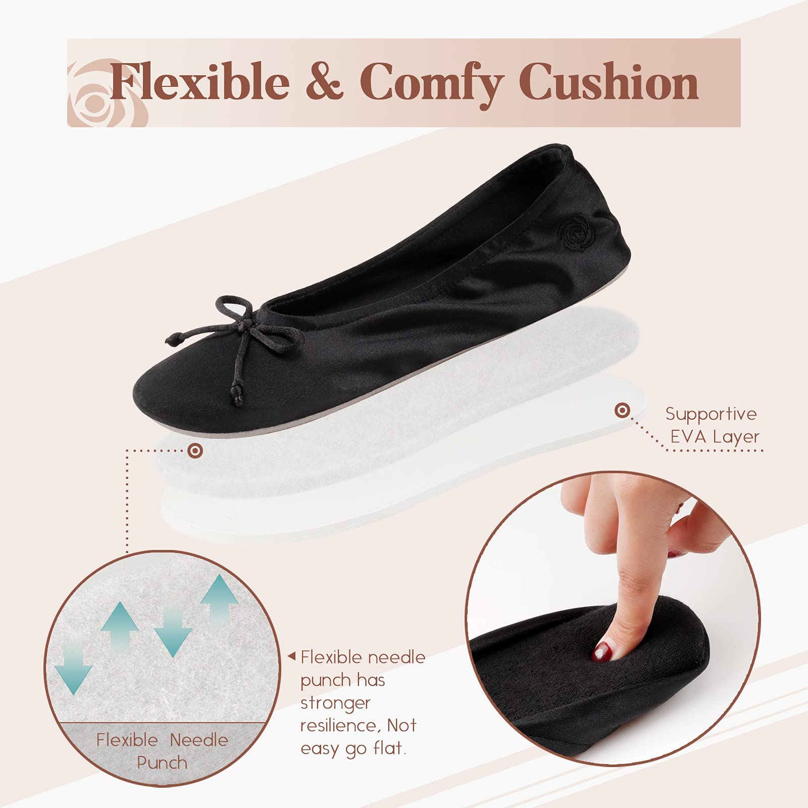 BCTEX COLL Women's Ballerina House Slippers with Bow, Ladies Satin Bedroom Slipper with Suede Sole Indoor