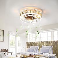 Caged Ceiling Fan With Lights Remote Control, Low Profile Flush Mount Farmhouse Modern Ceiling Fans, 6 Speeds Reversible Blades for Bedroom Living Room White 4 LED Bulbs Include