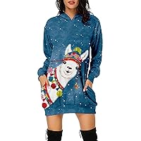 Women's Christmas Dress Fashion Printed Pockets Long Sleeve Dress Pullover Dress, S-2XL
