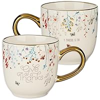 Christian Art Gifts White & Gold Ceramic Coffee & Tea Mug 11 fl. oz Inspirational Bible Verse for Women: Give Thanks - 1 Thess. 5:18 Multicolor Floral, Butterflies & Bees Novelty Cup