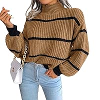 Autumn and Winter Women's Casual Stripe Lantern Sleeve Half High Neck Knitted Pullover Loose Sweater
