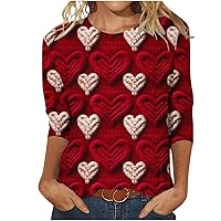 Heart Print 3/4 Sleeve Tops for Women, Women's Valentine's Day Tshirts Casual Loose Tunic Blouse Crew Neck Pullover Tee