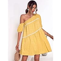 Women's Dress Asymmetrical Neck Guipure Lace Panel Puff Sleeve Dress Summer Dress (Color : Yellow, Size : X-Large)