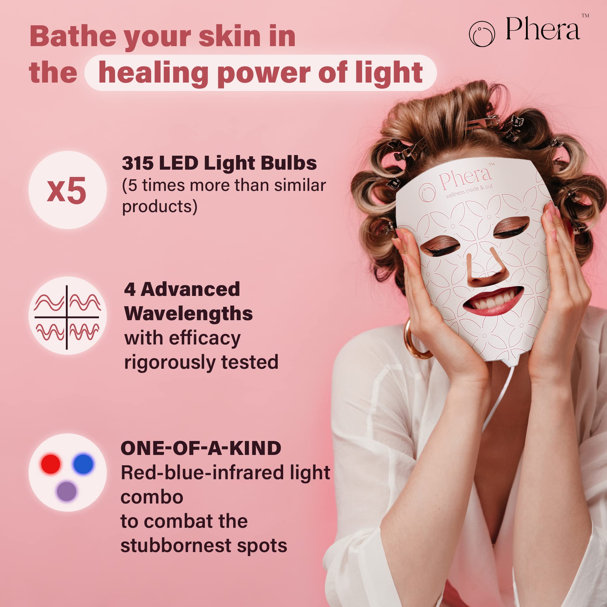 Phera LED Light Therapy Mask - 315 LED Light Bulbs - LED Face Mask Light Therapy - Red Light Therapy Mask - LED Mask - Blue Light Therapy - Infrared Light Therapy for Face - LED Mask Therapy Facial