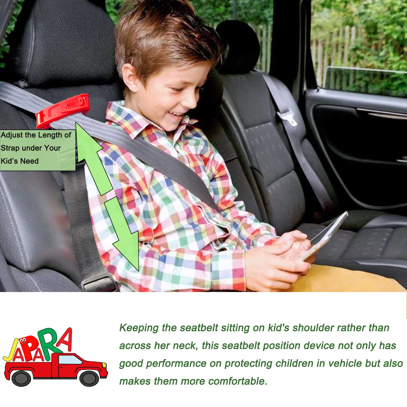 JAPARA Kids Seat Belt Adjuster, Car Seatbelt Adjuster with Clip and Position Belt Strap for Kids, Protect Shoulder and Neck Seat Belt Adjuster for Kids/Short Adults (2 Pack)