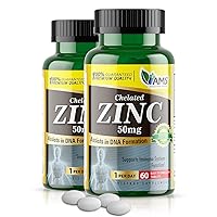 America Medic & Science Chelated Zinc 50 mg Supplements (2 Pack of 60 Tablets) Immune Booster and Powerful Antioxidant Pills for Adults Men and Women | Highly Absorbable Mineral, Improves Mood & Sleep