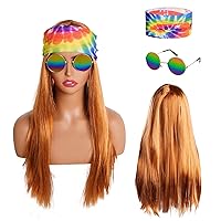 Hippie Costume Wig with Bandana Tie Dye Headband Rainbow Sunglasses 60s 70s Hippie Outfits Halloween Cosplay Accessories for Women Men