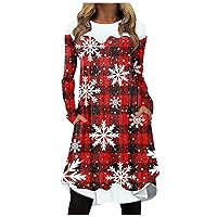 Winter Dress Plus Size Women's Fashion Irregular Plaid Snowman Print Round Neck Long Sleeve Dress