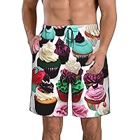 Delicious Cupcakes Print Men's Hawaiian Beach Shorts Elastic Waist Drawstring Lightweight Summer Casual Shorts