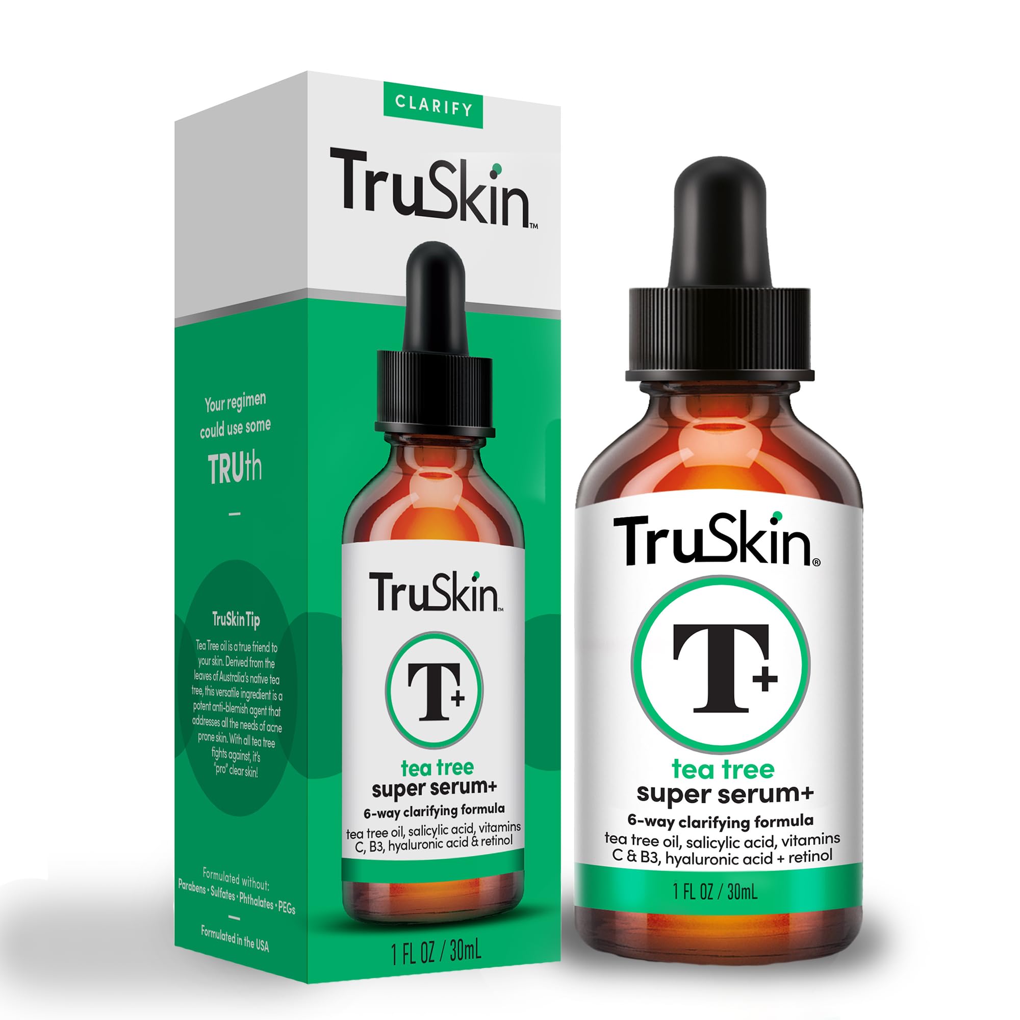 TruSkin Tea Tree Super Serum for Face – Clarifying Facial Serum with Tea Tree Oil, Salicylic Acid, Hyaluronic Acid and Niacinamide – Skin Care Made to Unclog Pores & Soothe Unhappy Skin, 1 fl oz