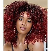 Burgundy Bob Wigs Human Hair Non Lace Wigs Short Bob Wig Machine Made Jerry Curly Wigs Glueless Wigs Pixie Cut with Bangs Pre Plucked for Women 150% Density Wine Red Wig 12 Inch