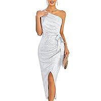 GRACE KARIN Women Sleeveless One Shoulder Sequin Dress Sparkly Glitter Wrap Dress Cocktail Wedding Maxi Dresses with Slit