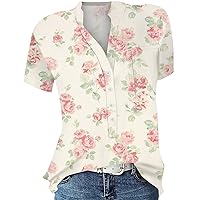 Women's Blouses Pullover Round Neck Loose Print Button Shirt Casual Versatile Top Short Sleeve Blouses, S-2XL