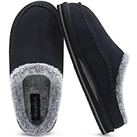 KuaiLu Mens Memory Foam Clog Slippers Comfy Handmade Stitch Microsuede Slip-on House Shoes With Arch Support Warm Faux Fur Lined Rubber Sole Indoor Outdoor