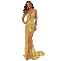 Sparkly Prom Dresses with Slit Gold Spaghetti Straps Sequin Mermaid Evening Gowns for Women Formal Size 0