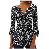 Tops Dressy Casual Soft 3/4 Sleeve Fashion Button Oversized Patterns V-Neck Ruffle Sleeve Womens Basic Tops for Women