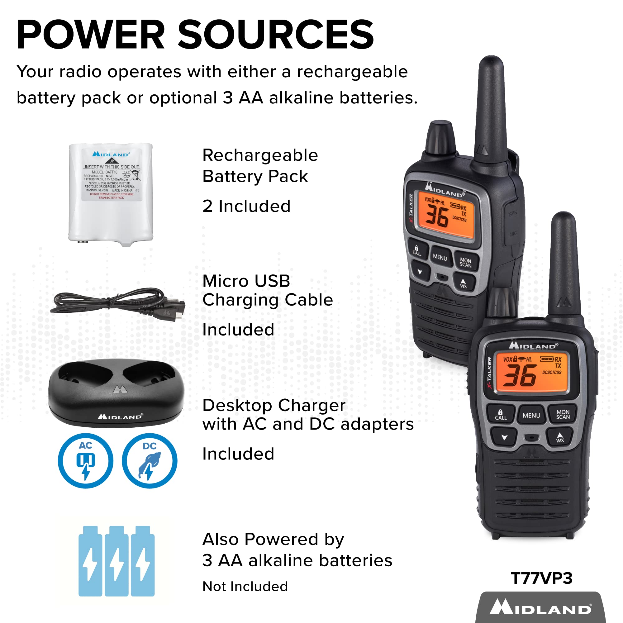 Midland T77VP5 X-TALKER Long Range Walkie-Talkie FRS Two-Way Radio for Camping Overlanding NOAA Weather Scan + Alert, 121 Privacy Codes - Includes Carrying Case & Headset Black/Silver, 2 Radio Bundle