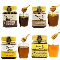 Pack of 4 Mujeza Raw Honey (1 Black Seed Honey + 1 Ginger Honey + 1 Wildflower Honey + 1 Cinnamon & Turmeric) Unheated - Unfiltered - Non GMO - Gluten Free - Unpasteurized - 250g / 8.8oz