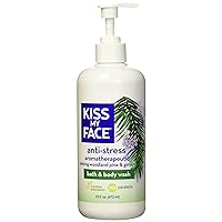 Kiss My Face Anti-Stress Woodland Pine & Ginseng Shower Gel - Rejuvenate Your Mood With Ginseng & Woodland Pine - Antioxidant Blend of Olive Oil, Aloe & Vitamin E - 16 fl oz Bottle