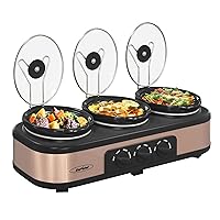 Sunvivi Triple Slow Cookers, 3x1.5 Qt Food Warmer Adjustable-Temp Server,Buffet Server for Parties,Mini Crock Dips Pot with Ceramic Pot & Lid Rests,Stainless Copper