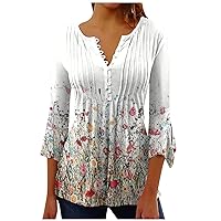 3/4 Sleeve Dressy Blouses for Women Button Down Floral Tee Shirts Marble Print Smocked Top Tunic Business Clothes