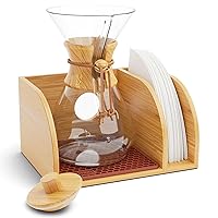 Caddy and Lid for Pour Over Coffee Maker, Bamboo Stand fits Chemex, Bodum, Cosori Coffee Carafes, Heatproof Mat, Filter Holder for Drip Coffee Maker - Brown Mat