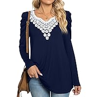 CATHY Womens Long Sleeves Crochet Lace Trim Casual Tunic Tops Fit Flare Blouses Pleated Shirts For Leggings