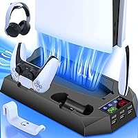 PS5 Stand with PS5 Controller Charging Station Cooling Station for Playstation 5 PS5 Console Disc/Digital Edition, PS5 Accessories-Cooler Fan/Remote Charger/Media&Headset Holder/3-USB Hub/Screw Black