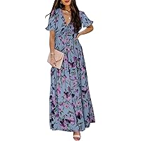 BLENCOT Womens Casual Short Sleeve Boho Floral Printed V Neck Long Dress Ruched Cocktail Party Maxi Wedding Dresses