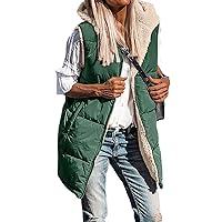 Long Vest for Women Sleeveless Reversible Fleece Sherpa Jacket Thicked Warm Puffer Vest Hooded Winter Coat Jacket