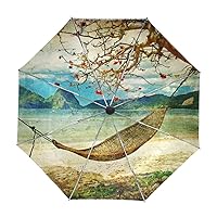 My Daily Hammock And Tree Tropical Landscape Painting Travel Umbrella Auto Open Close UV Protection Windproof Lightweight Umbrella