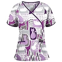 Print Working Uniforms for Women Patterned Crew Neck Short Sleeve Tee Shirt Comfy Oversized Shirts for Women