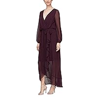 S.L. Fashions Women's Short Sleeve Chiffon V-Neck Wrap Dress with Cascade Ruffle