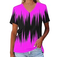 Simple Summer Tie Dyeing V Neck T Shirts Loose Pleated Casual Tee Tops Scoop Neck Short Sleeve Ccomfy Shirts for Women