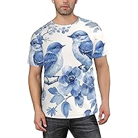 Men's Watercolor Birds Blue and White Floral Short Sleeve T-Shirts, Animal Graphic Tee
