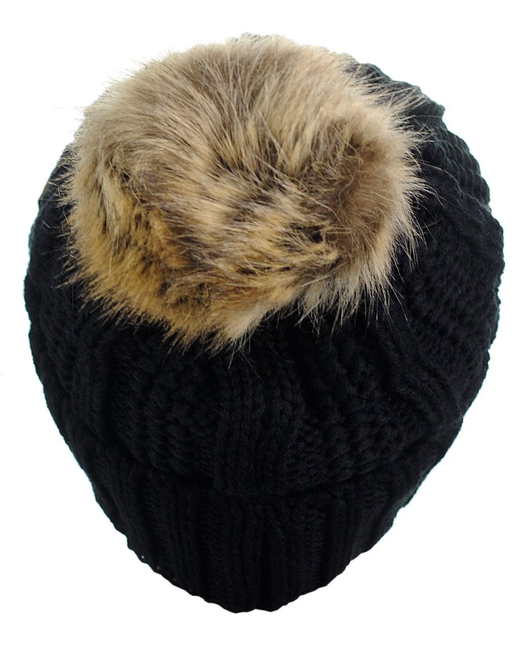 C.C Thick Cable Knit Faux Fuzzy Fur Pom Fleece Lined Skull Cap Cuff Beanie