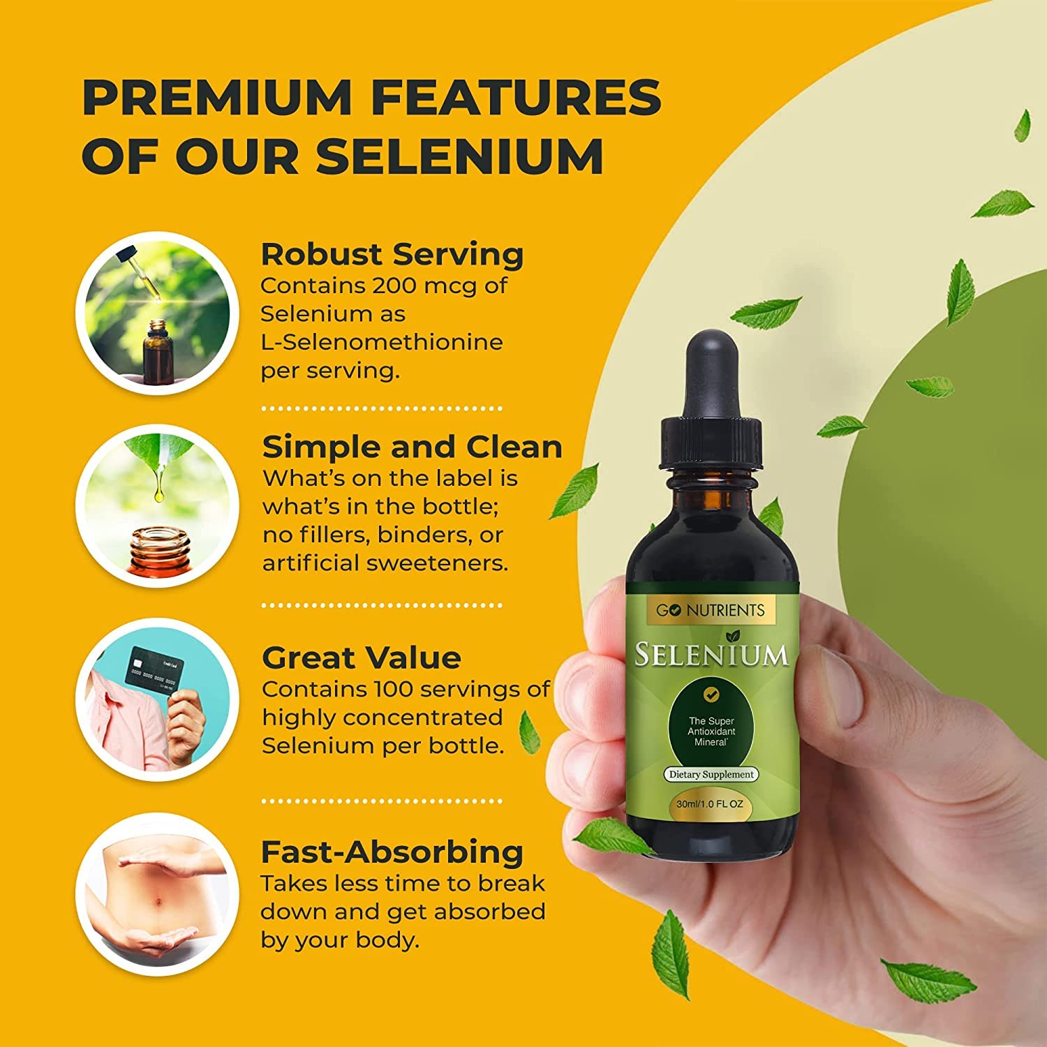 Go Nutrients Selenium 1 oz Liquid Drops, 60 mL - Supports Thyroid Function, Energy, and Metabolism