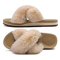 Womens Fuzzy Slides Fluff Faux Fur Cross Slippers Open Toe Yoga Mat House Slippers Sandals With Arch Support For Indoor/Outdoor