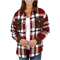 Women Flannel Plaid Shacket Jacket Long Sleeve Button Down Shirts Coat Fashion Outwear Dressy Blouse Top with Pocket