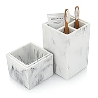 Toothbrush Holder with Lid, Elegant White Marble Bathroom Toothbrush & Toothpaste Organizer – Blanc Collection